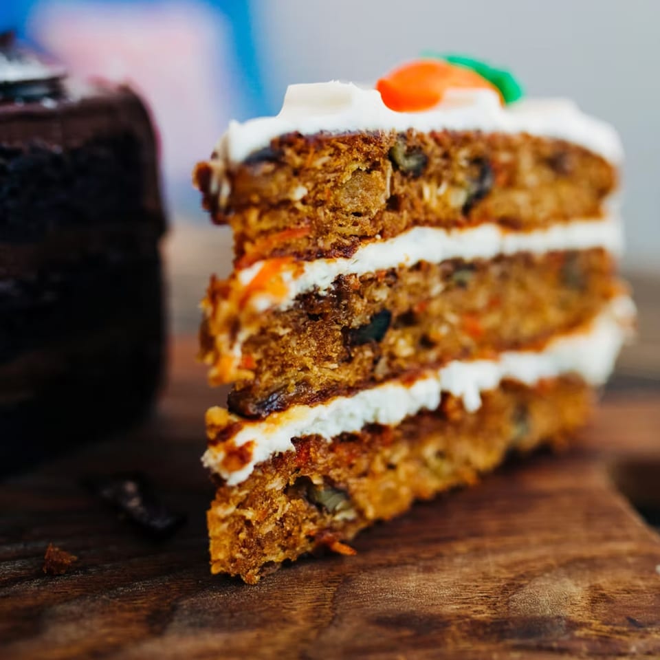 A slice of carrot cake with white frosting and a chocolate cake in the background.