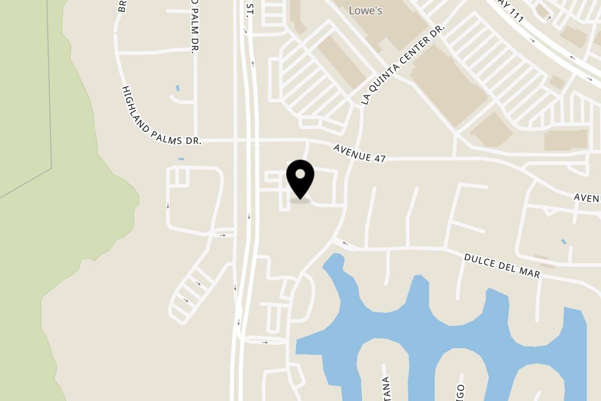 Map showing the location of Chula Artisan Eatery on 47150 Washington St in La Quinta